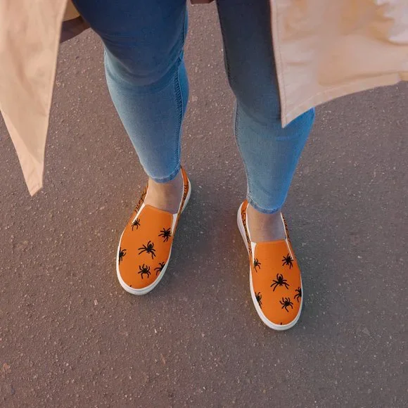 women's slip-on spider canvas shoes orange & black Halloween  fall spiderweb - Picture 4 of 14